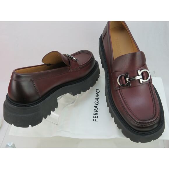 FERRAGAMO BURGUNDY LEATHER FLORIAN LUG SOLE GANCINI BIT LOGO LOAFERS 8 D 41 IT - Picture 7 of 12